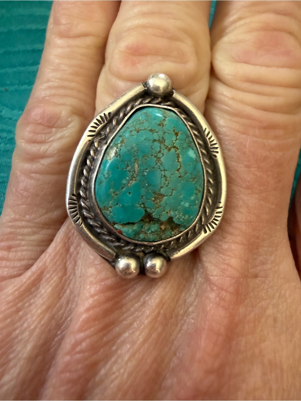 Vintage Southwestern Sterling Silver Turquoise Ring Size 6.5 Rope Bezel